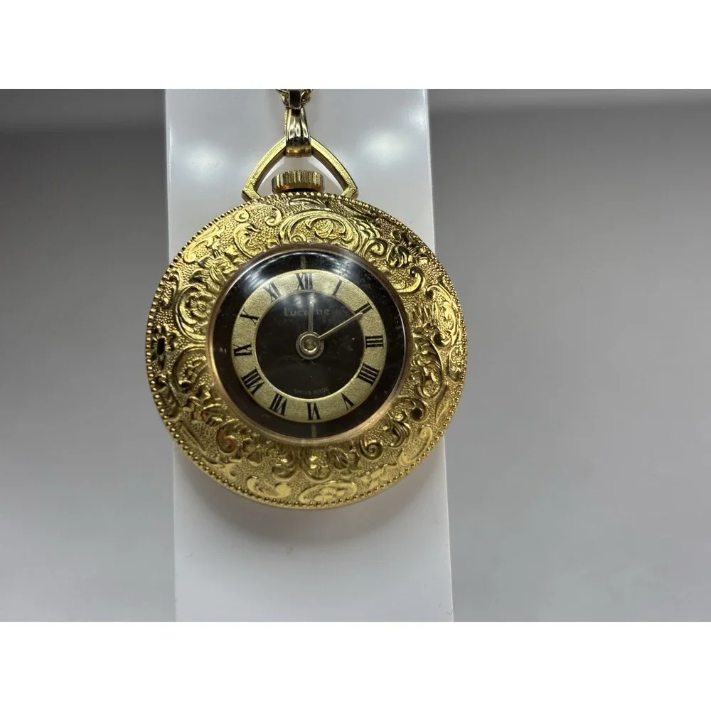 Vtg‎ Lucerne Swiss Mechanical Pocket Watch Pendant Engraved Gold Color Plate Red